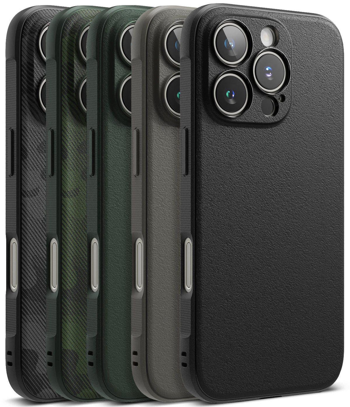 iPhone 16 Pro Max Case | Onyx - Five iPhone 16 Pro Max cases in various textures and colors lined up in a row.
