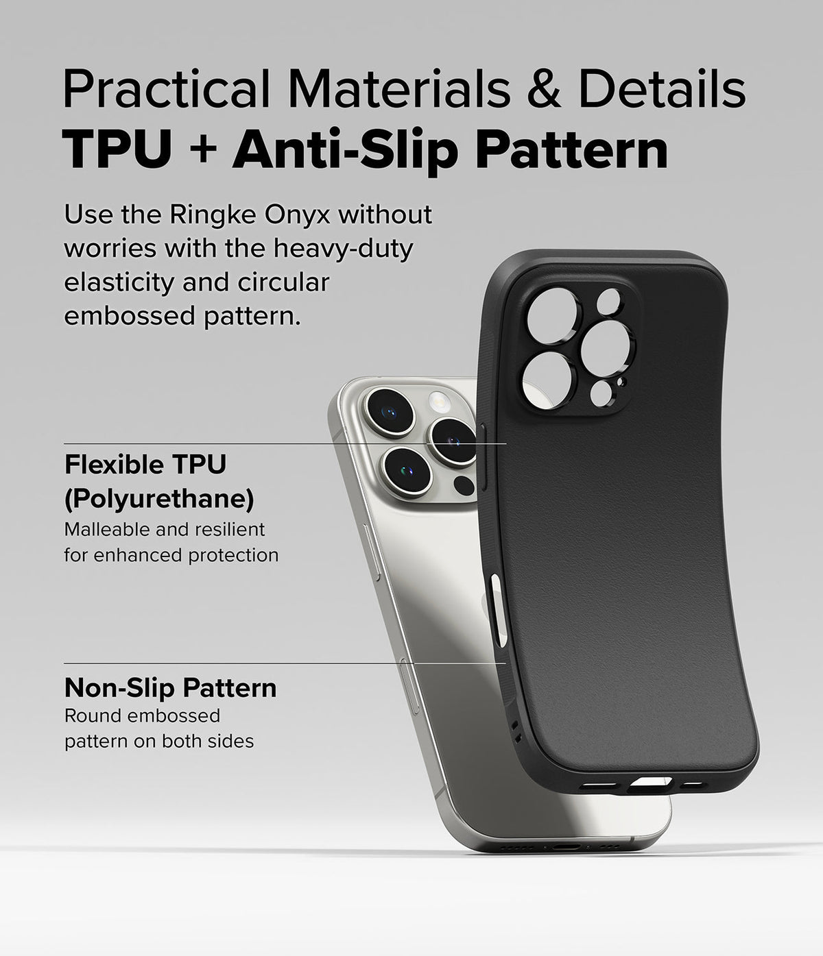 iPhone 16 Pro Max Case | Onyx - A flexible black TPU phone case being placed onto a silver iPhone 16 Pro Max.