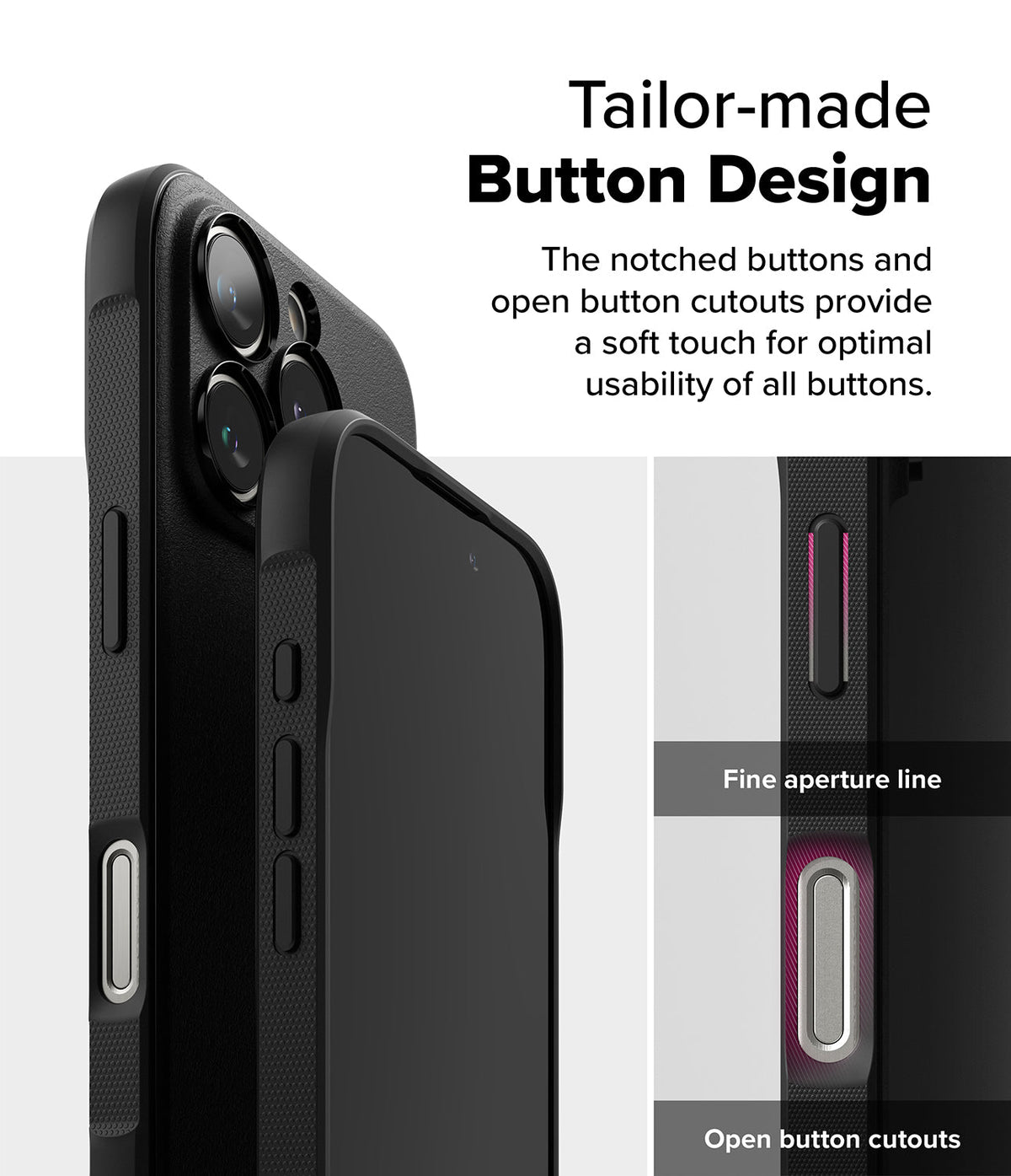 iPhone 16 Pro Max Case | Onyx - Close-up of black phone case showing notched buttons and open cutouts for easy access.