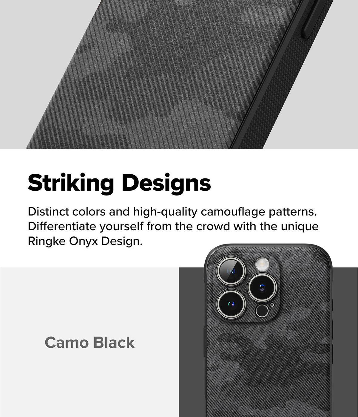 iPhone 16 Pro Max Case | Onyx - Black camouflage phone case with a textured finish and triple-lens camera cutout.