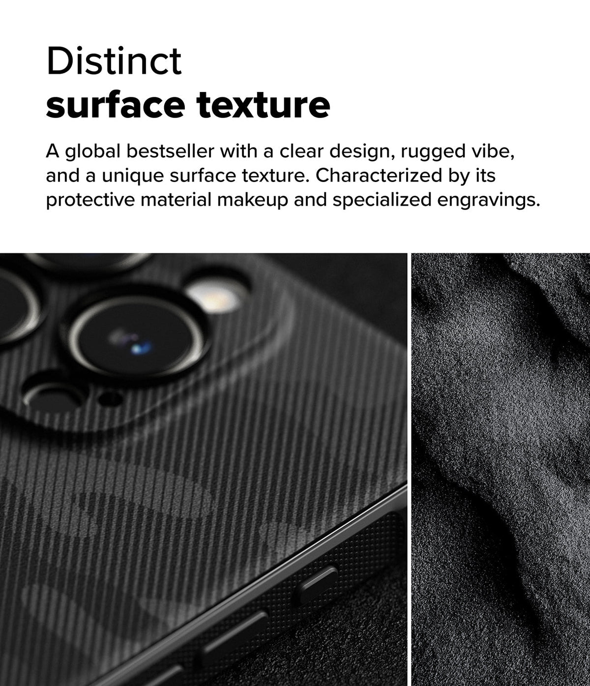 iPhone 16 Pro Max Case | Onyx - Close-up of a black phone case with a textured, engraved pattern next to a dark, grainy surface.
