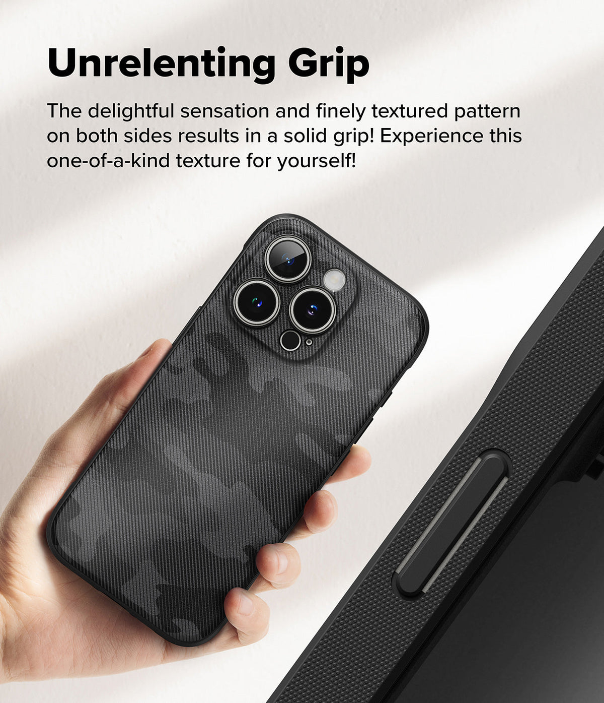 iPhone 16 Pro Max Case | Onyx Magnetic - Hand holding a black textured camo phone case with a triple-lens camera.