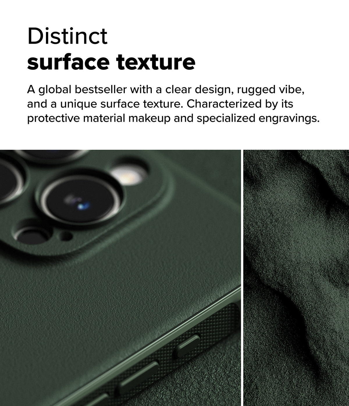 iPhone 16 Pro Max Case | Onyx - Close-up of a dark green phone case with a textured, rugged surface and side button engravings.