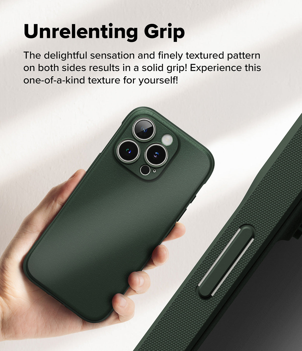 iPhone 16 Pro Max Case | Onyx - Hand holding a dark green phone case with a textured side grip and triple camera cutout.