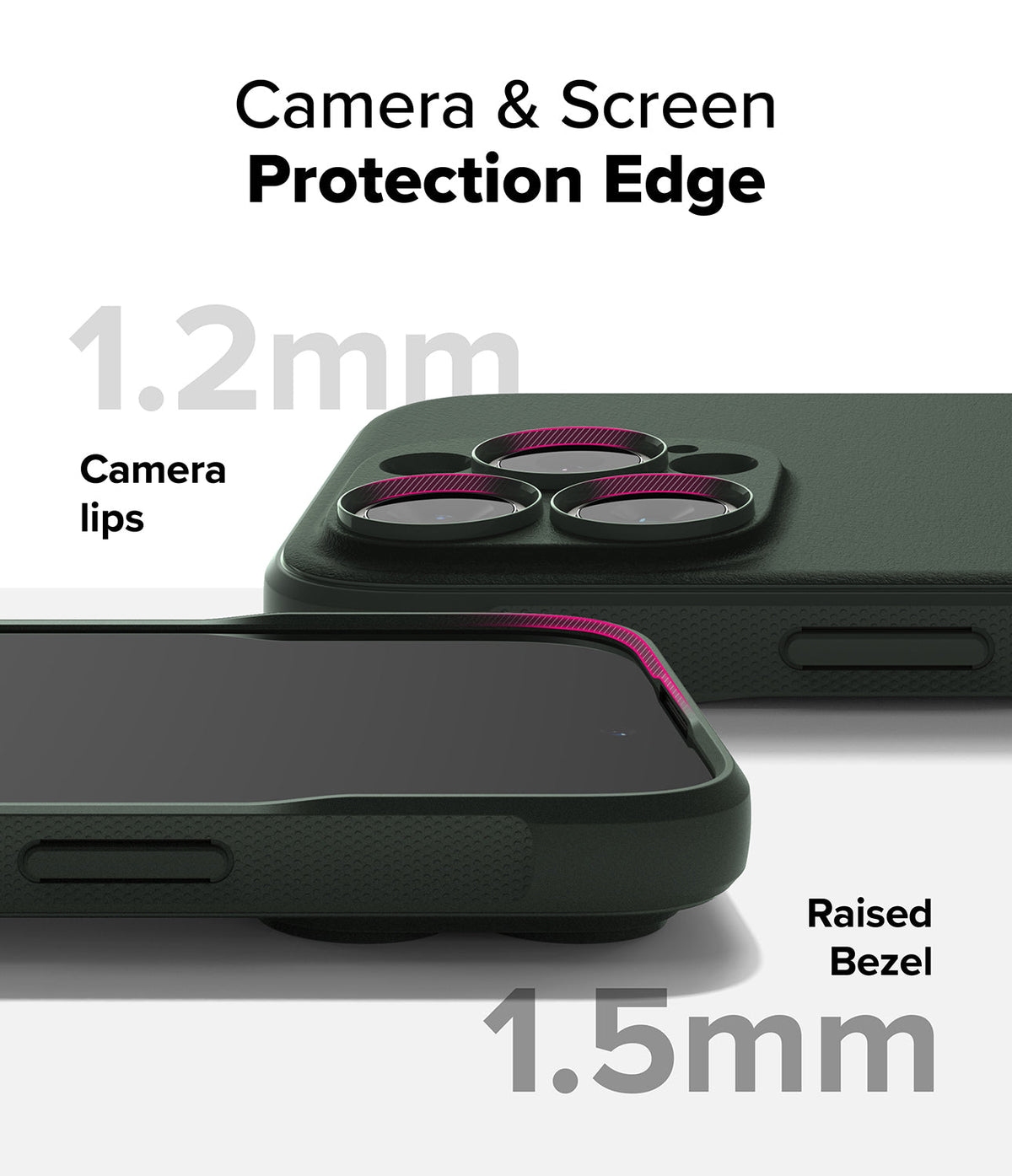 iPhone 16 Pro Max Case | Onyx - Dark green phone case showing 1.2mm camera lips and 1.5mm raised screen bezel protection.