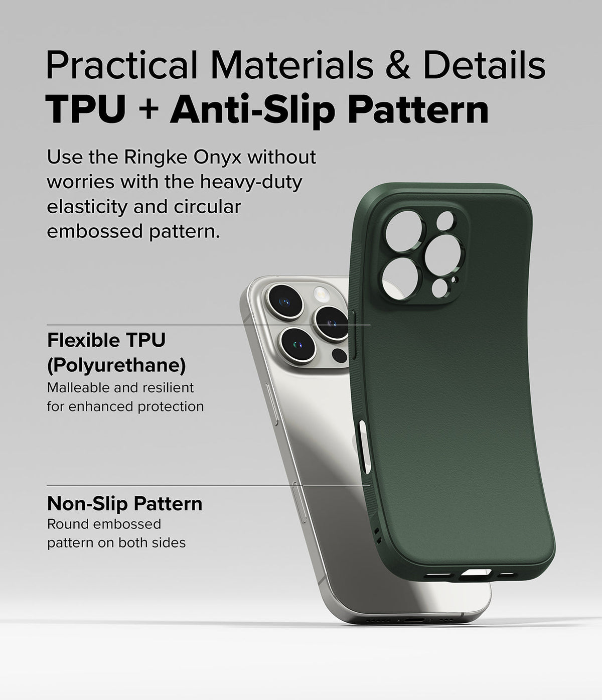 iPhone 16 Pro Max Case | Onyx - A flexible dark green TPU phone case being lifted off a silver iPhone 16 Pro Max.