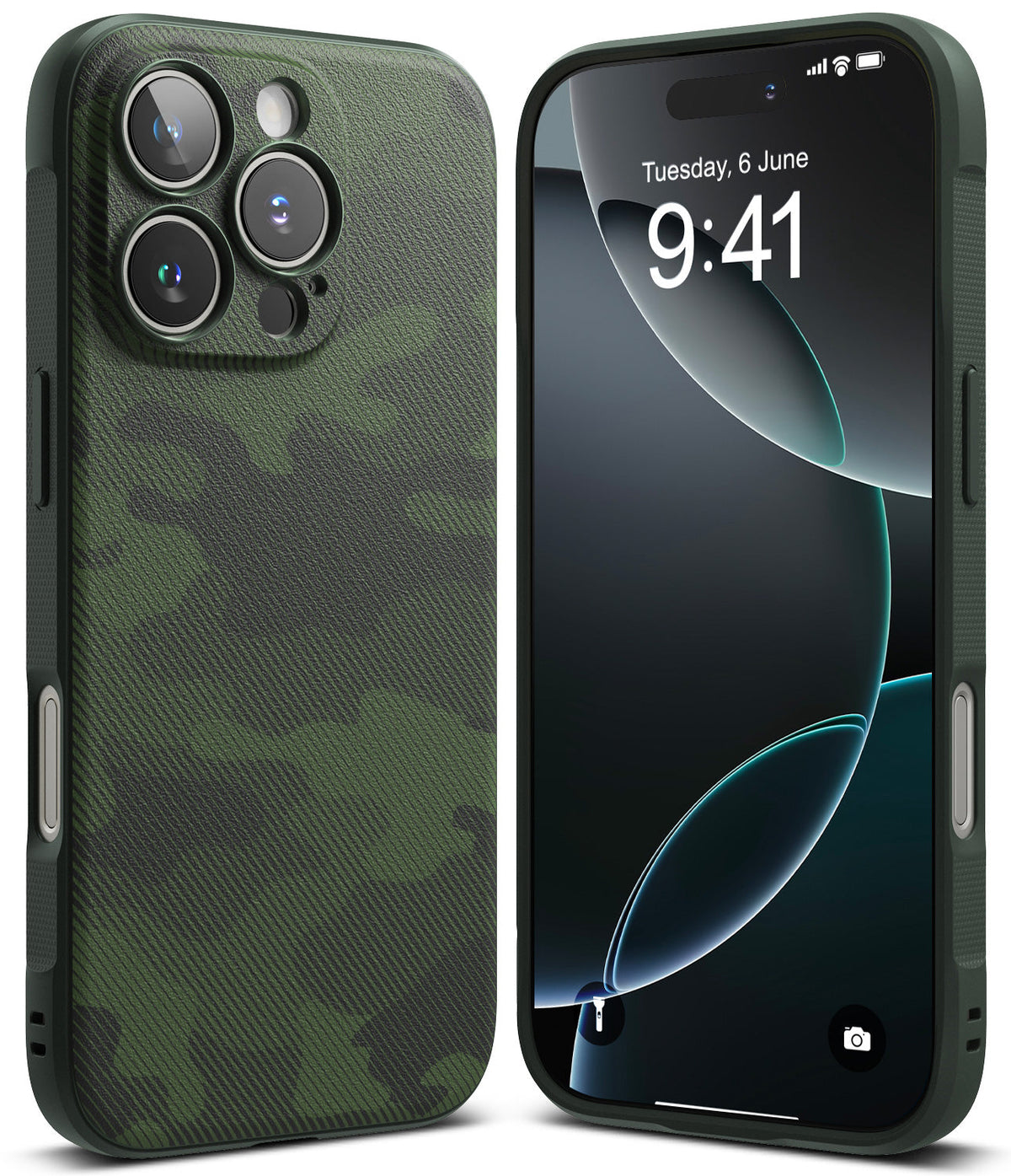 iPhone 16 Pro Max Case | Onyx - Front and back views of a green camouflage textured phone case on an iPhone 16 Pro Max.