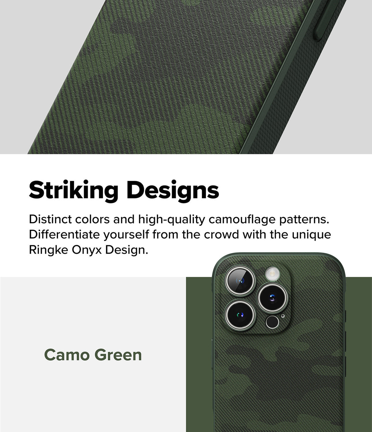 iPhone 16 Pro Max Case | Onyx - Green camouflage phone case with a textured finish and triple camera lens cutout.