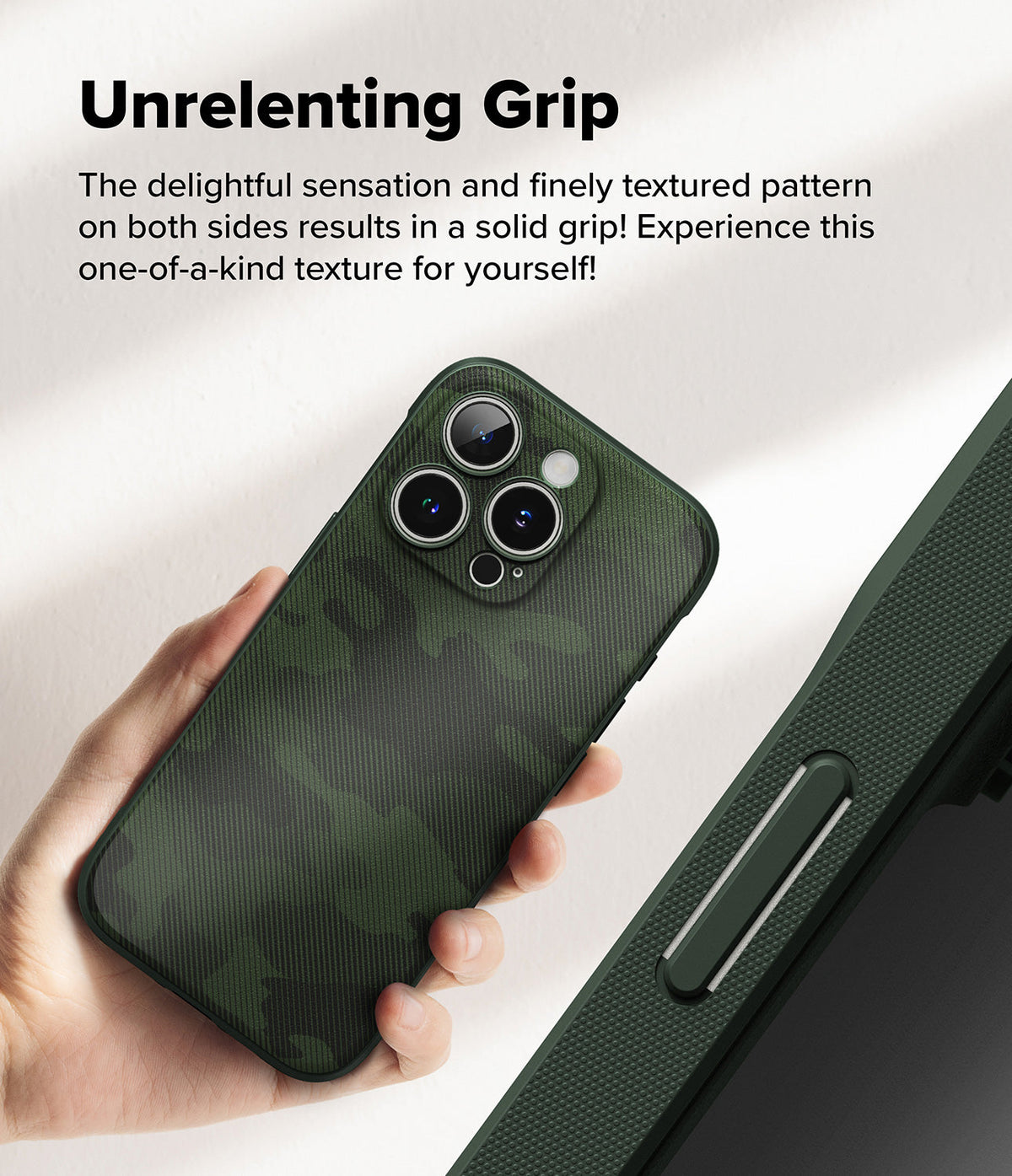 iPhone 16 Pro Case | Onyx - Hand holding a dark green camo-patterned phone case with a textured grip and triple camera cutout.