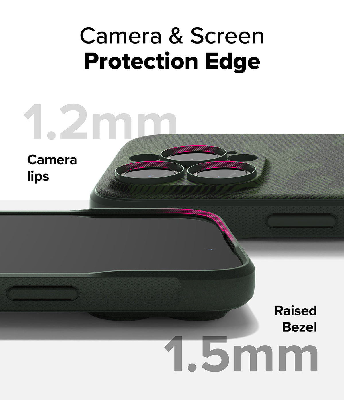 iPhone 16 Pro Max Case | Onyx - Close-up of phone case showing 1.2mm camera lips and 1.5mm raised screen bezel for protection.