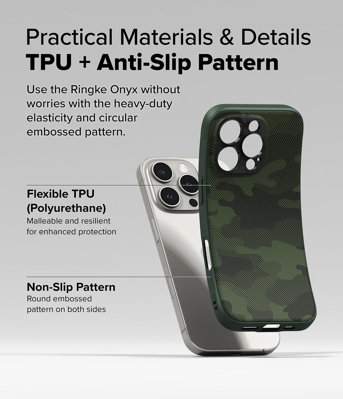 iPhone 16 Pro Max Case | Onyx - A flexible green camo phone case shown next to a silver iPhone 16 Pro Max with text callouts.