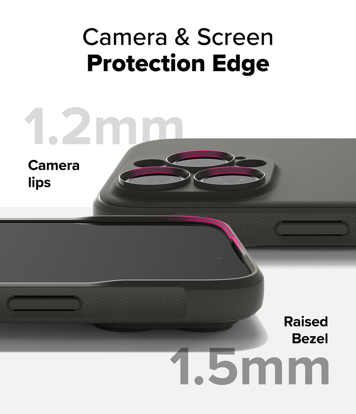 iPhone 16 Pro Max Case | Onyx - Close-up of phone case showing 1.2mm camera lens protection and 1.5mm raised screen bezel.