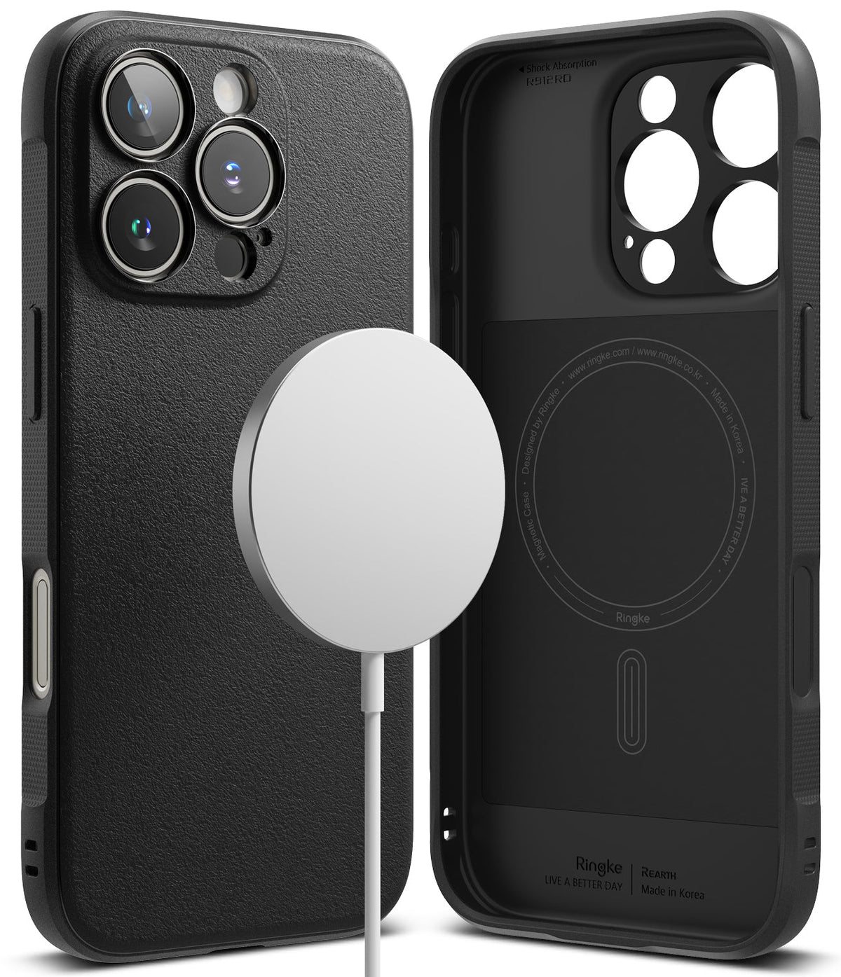 iPhone 16 Pro Max Case | Onyx Magnetic - Black textured phone case showing exterior with MagSafe charger and interior.