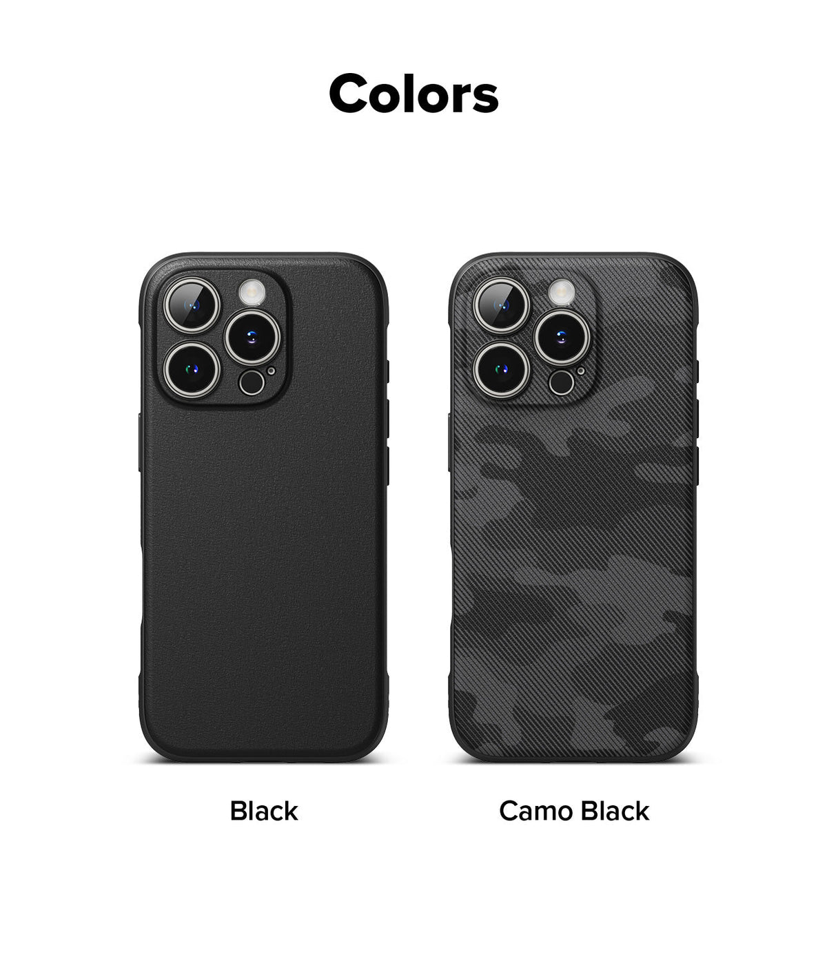 iPhone 16 Pro Max Case | Onyx Magnetic - Two iPhone 16 Pro Max cases in solid black and camo black side-by-side.