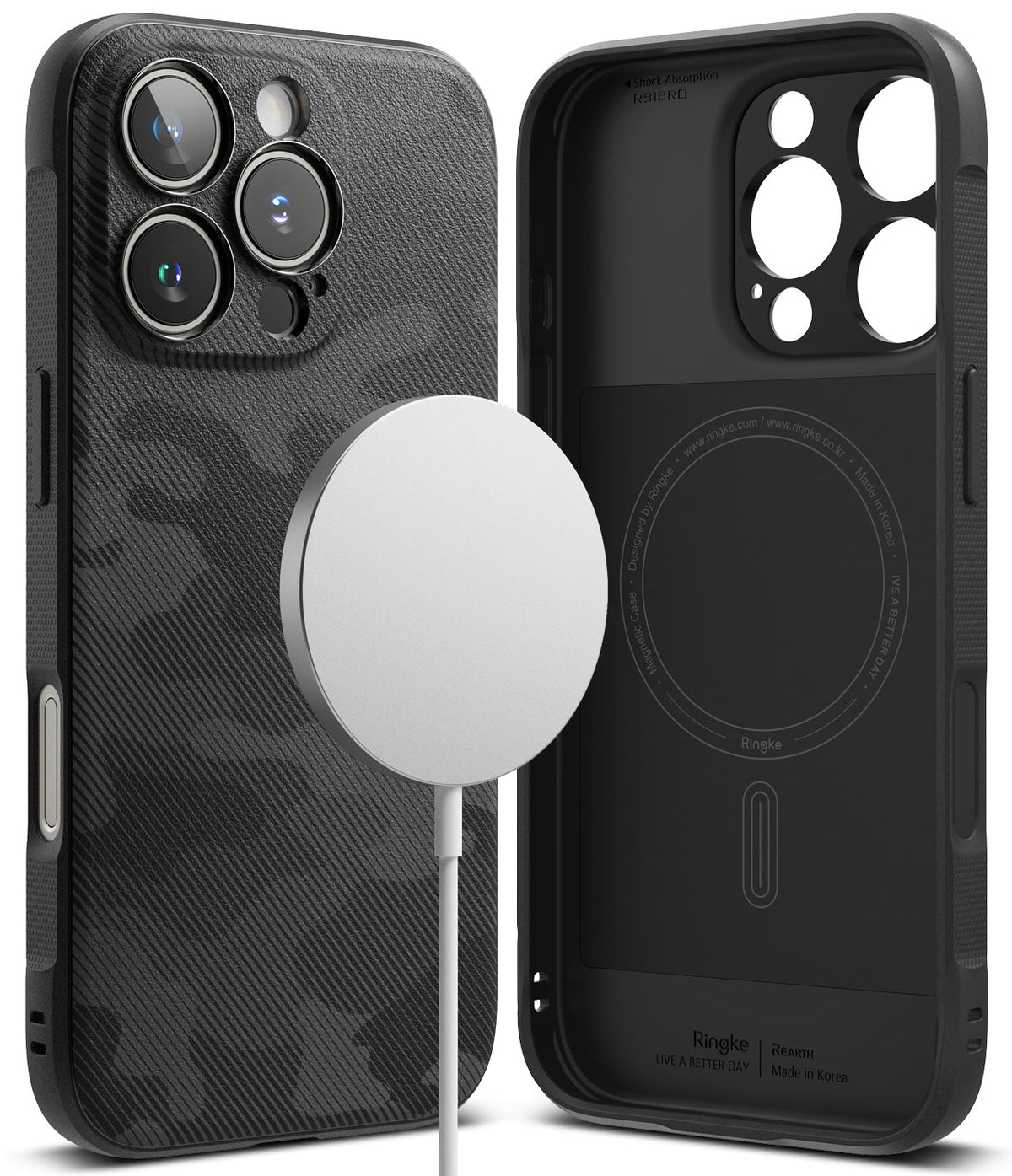 iPhone 16 Pro Max Case | Onyx Magnetic - Black camo phone case with magnetic charger and interior view of the case.