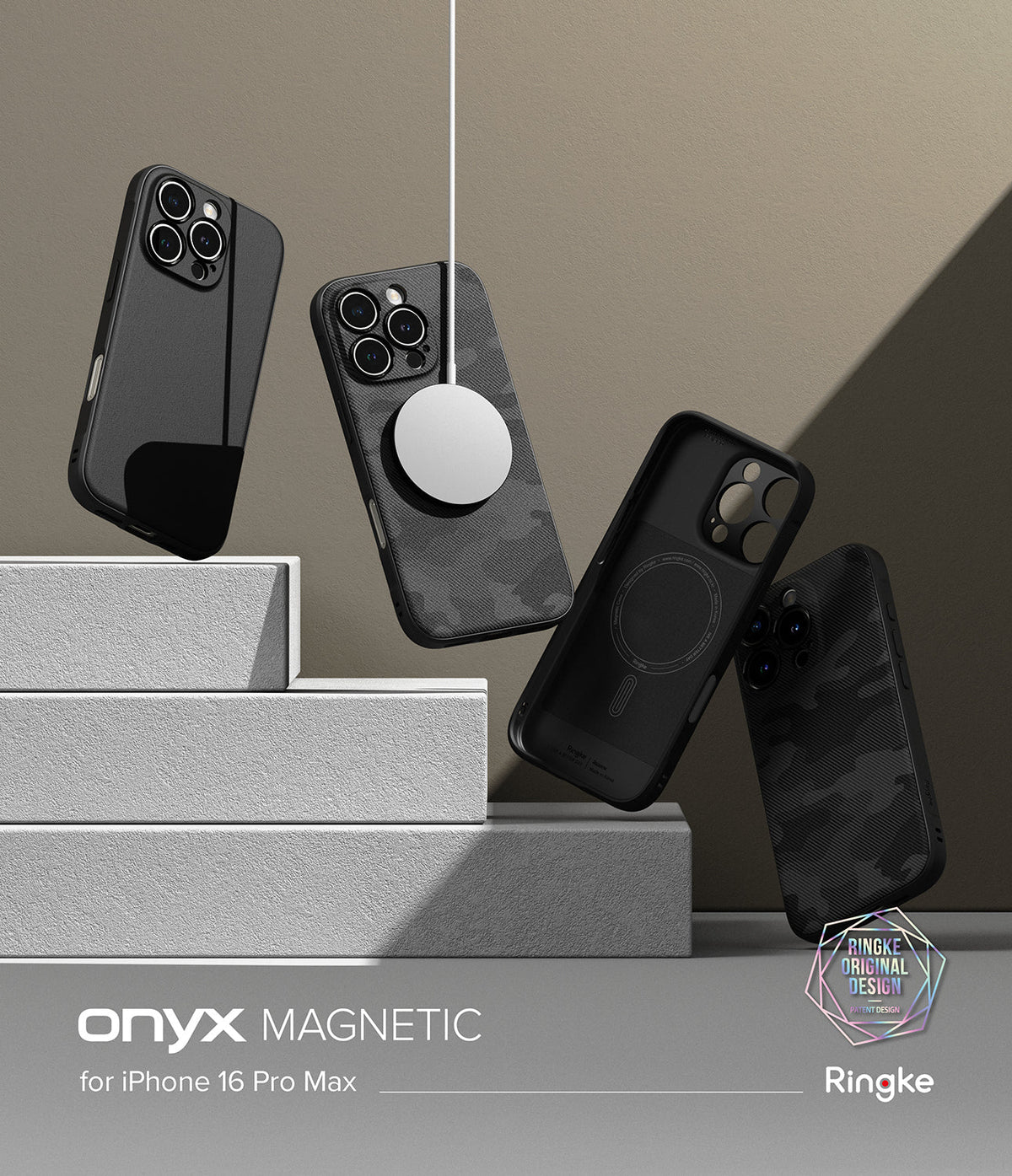 iPhone 16 Pro Max Case | Onyx Magnetic - Four black textured phone cases floating above stone steps with a magnetic charger.