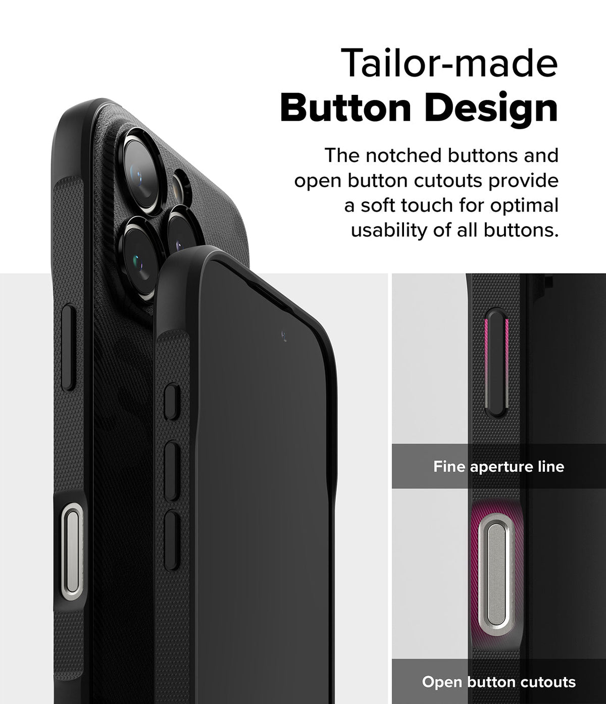 iPhone 16 Pro Max Case | Onyx Magnetic - Close-up of black phone case showing detailed button cutouts and design.