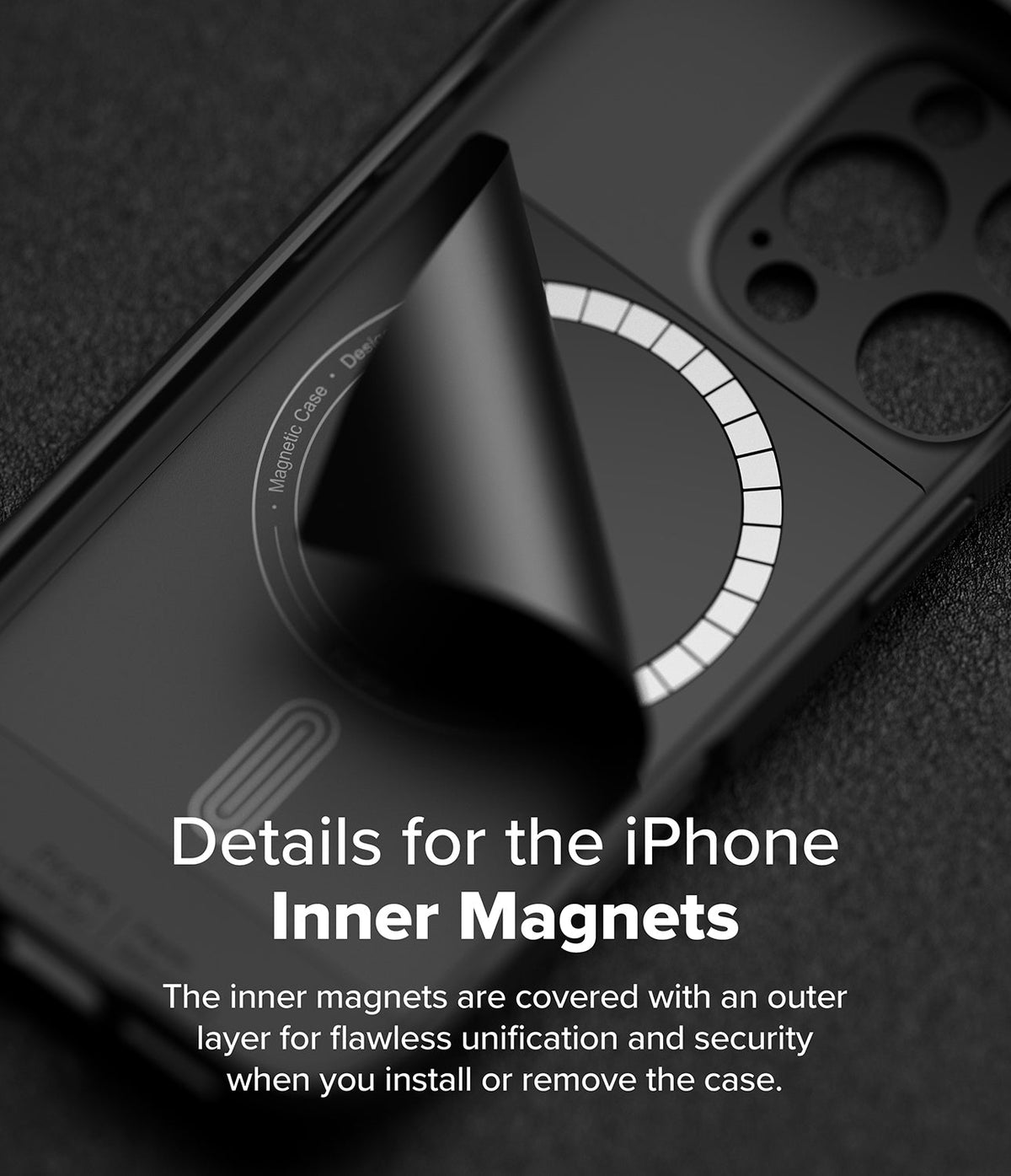 iPhone 16 Pro Max Case | Onyx Magnetic - Close-up of a black phone case with a protective layer peeling back to reveal internal magnets.