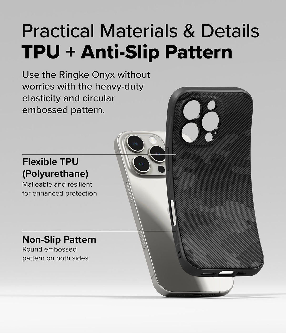 iPhone 16 Pro Max Case | Onyx Magnetic - A flexible black camo phone case highlighting TPU material and anti-slip texture.