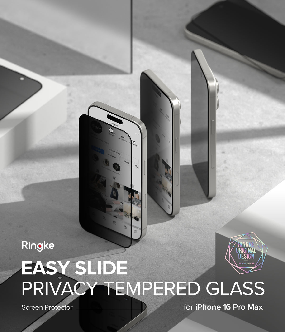 iPhone 16 Pro Max Screen Protector | Easy Slide Privacy Tempered Glass - iPhone 16 Pro Max Screen Protector - Privacy glass partially applied to a smartphone, showing a darkened side view.