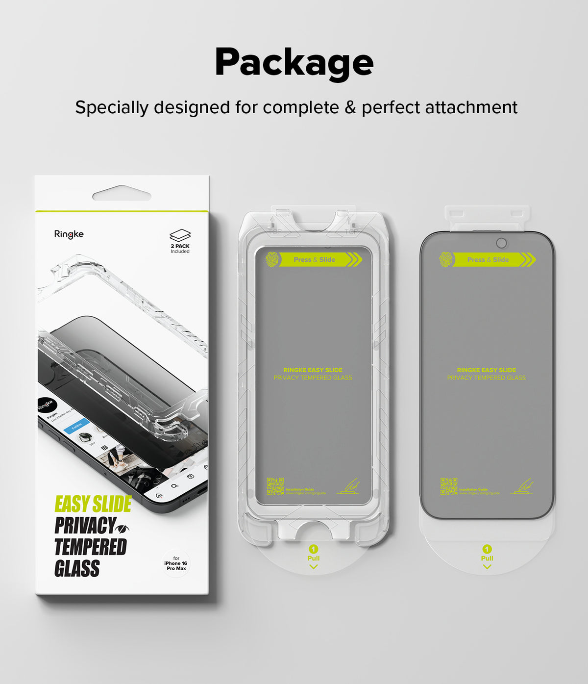 iPhone 16 Pro Max Screen Protector | Easy Slide Privacy Tempered Glass - iPhone 16 Pro Max Screen Protector - Retail box and two Easy Slide privacy tempered glass screen protectors with guides.