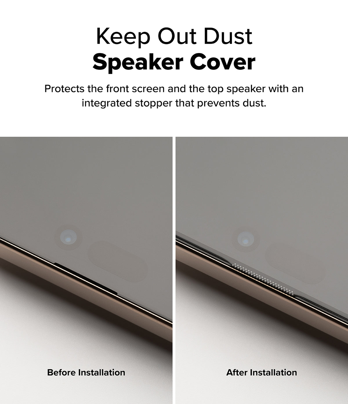 iPhone 16 Pro Max Screen Protector | Easy Slide Privacy Tempered Glass - iPhone 16 Pro Max Screen Protector - Comparison showing the top speaker before and after installing the dust-proof cover.