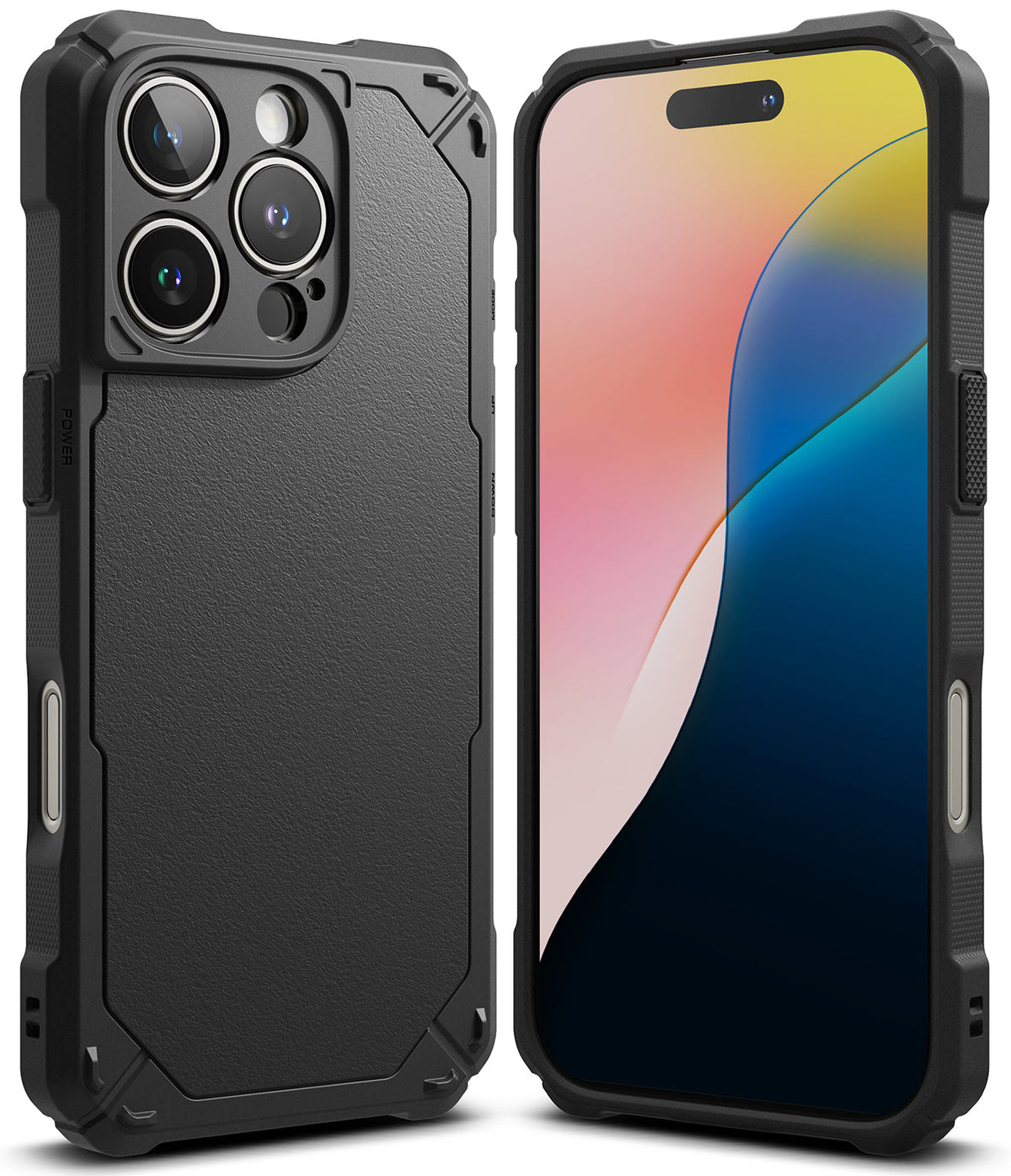 iPhone 16 Pro Max Case | Rugged Gear - Black rugged protective case shown from front and back views on an iPhone.