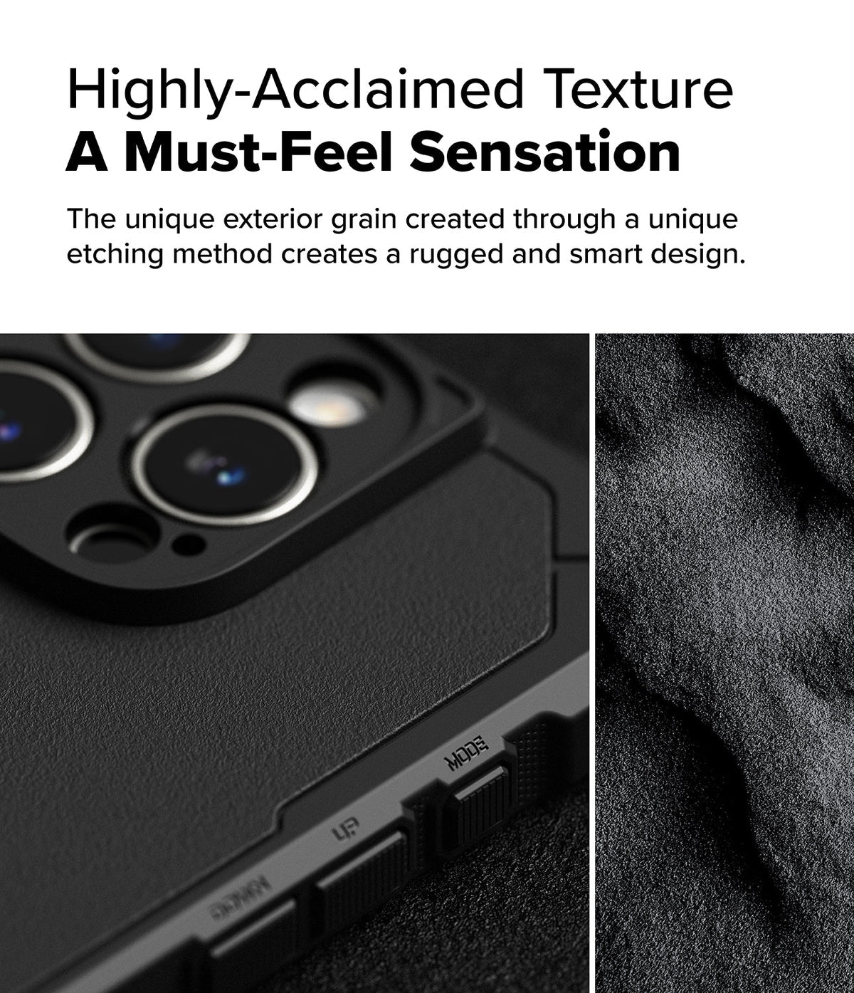 iPhone 16 Pro Max Case | Rugged Gear - Close-up of a black rugged phone case with textured surface and camera module.