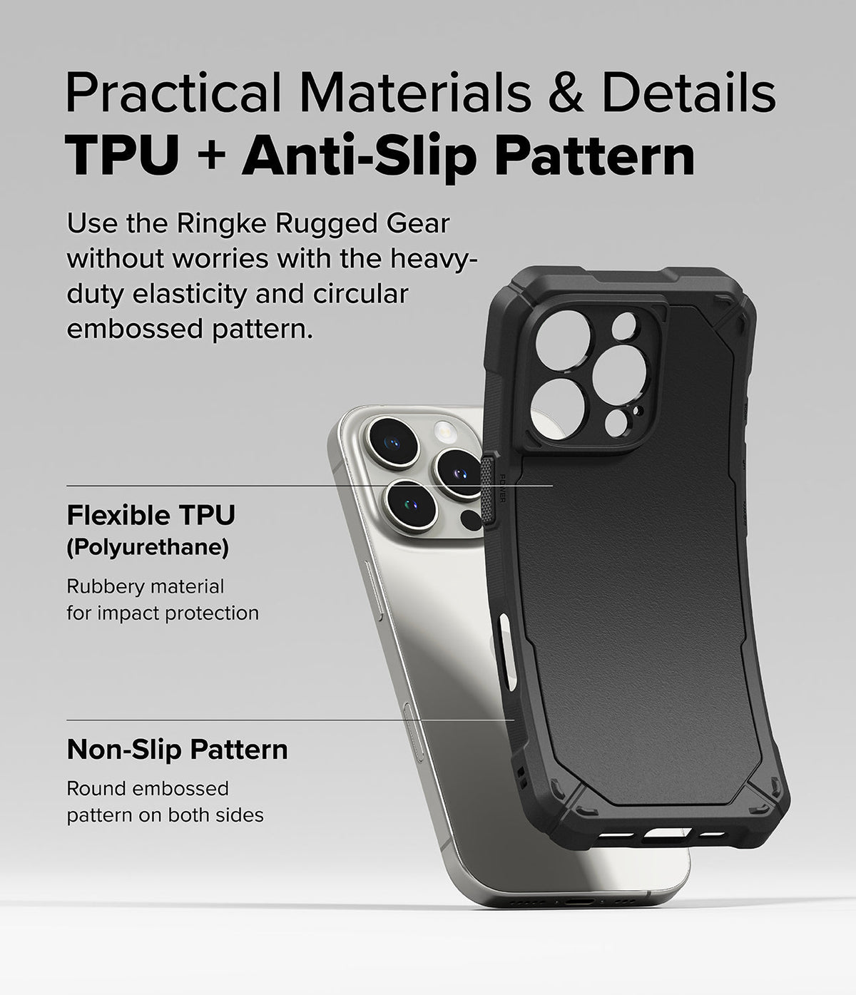 iPhone 16 Pro Max Case | Rugged Gear - Black protective phone case showing flexible TPU material and anti-slip pattern.