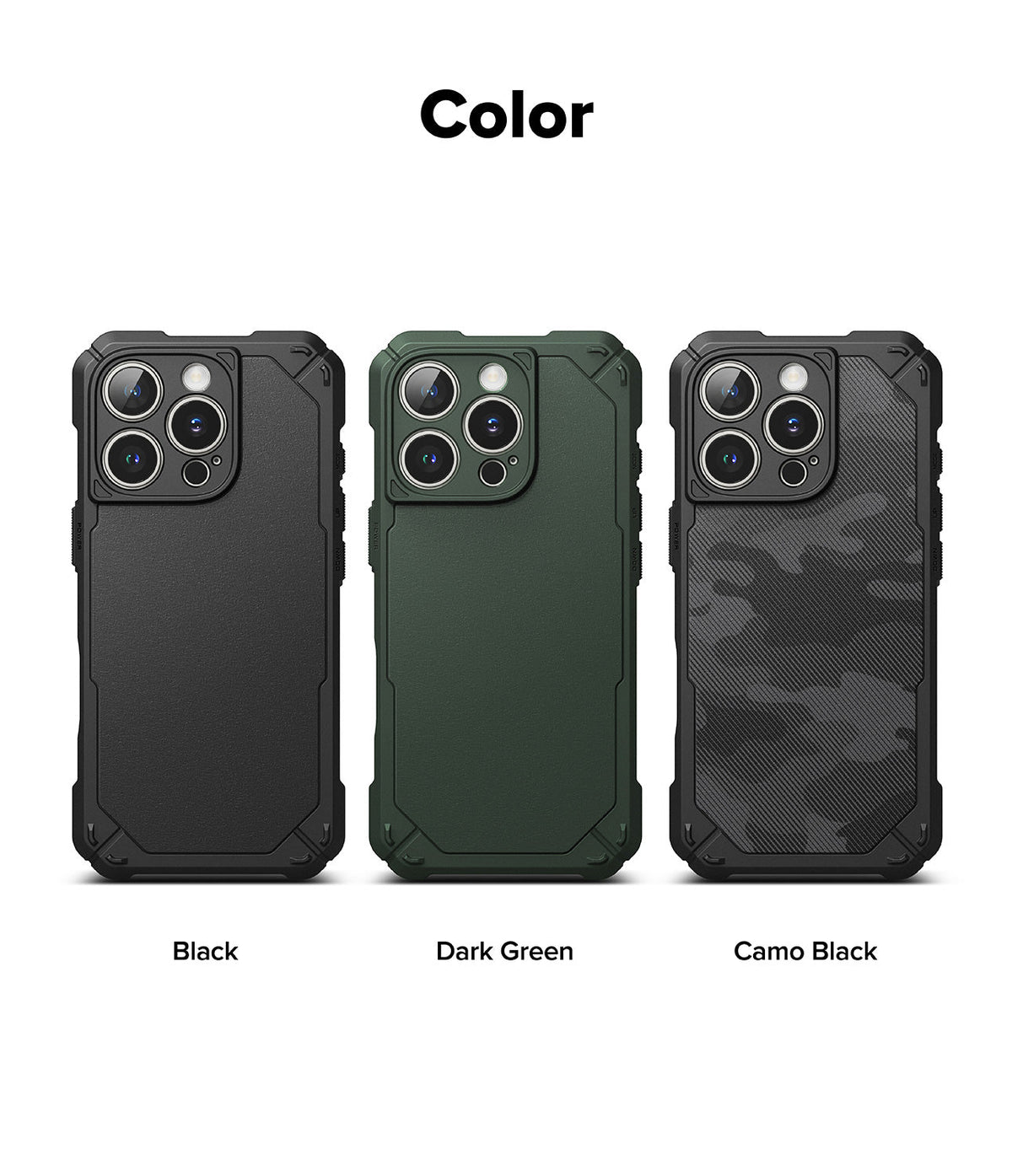 iPhone 16 Pro Case | Rugged Gear - Three rugged phone cases in black, dark green, and camo black arranged side-by-side.