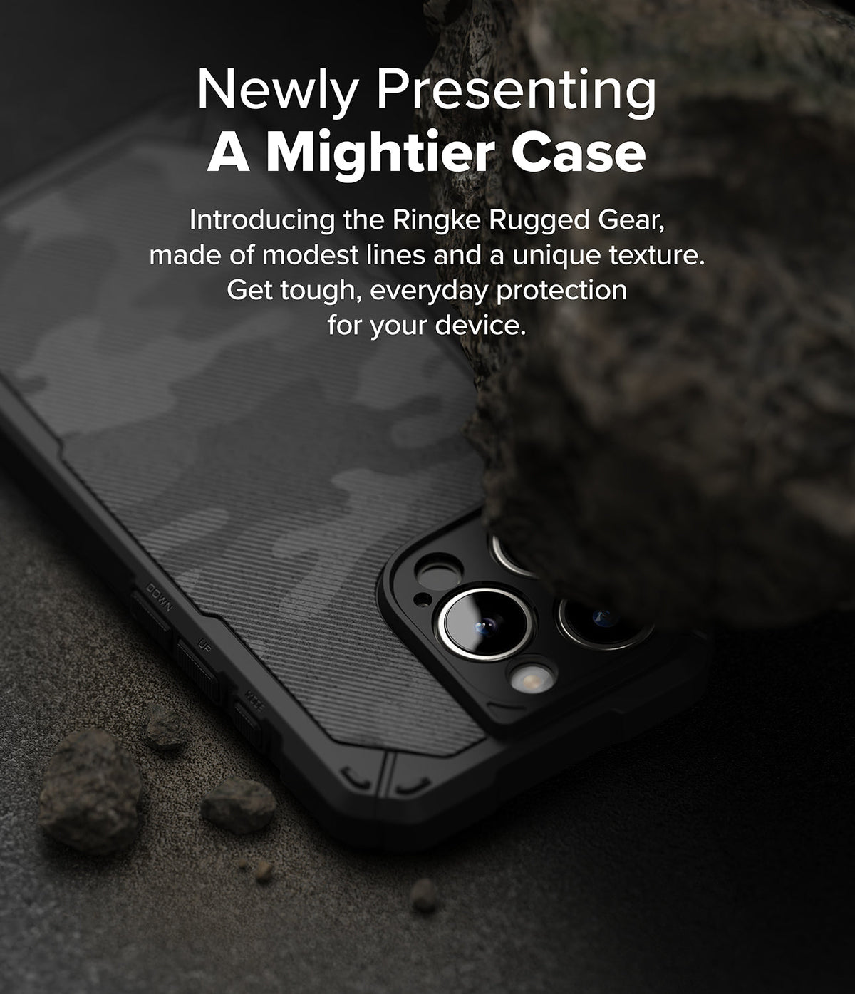 iPhone 16 Pro Max Case | Rugged Gear - Black camo textured phone case resting on dark stone with promotional text.
