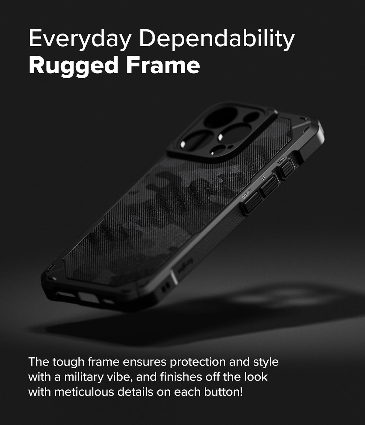 iPhone 16 Pro Max Case | Rugged Gear - Black camo iPhone 16 Pro Max case with a rugged frame and detailed side buttons.