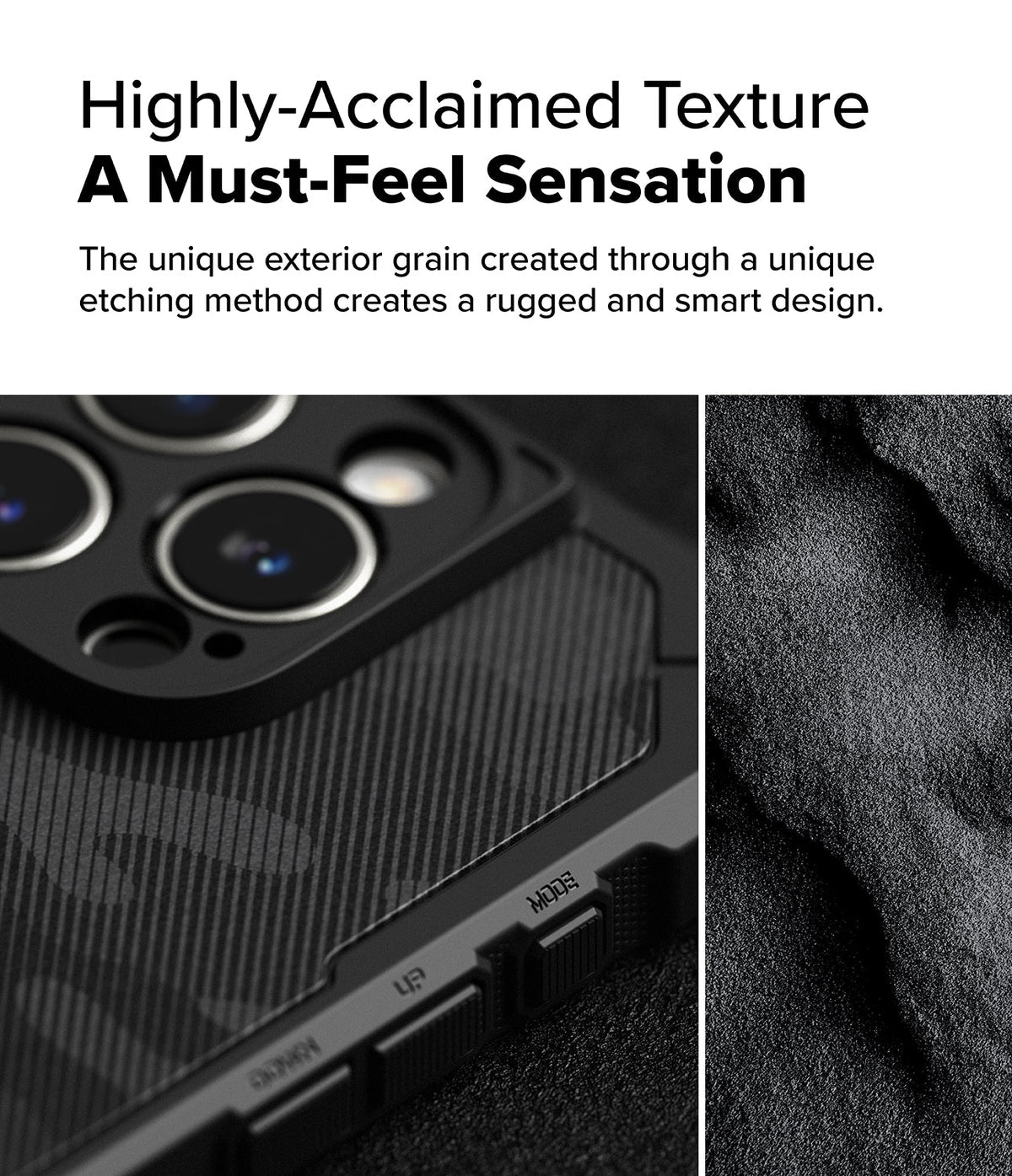 iPhone 16 Pro Max Case | Rugged Gear - Close-up of a black phone case with textured, etched detailing and camera lenses.