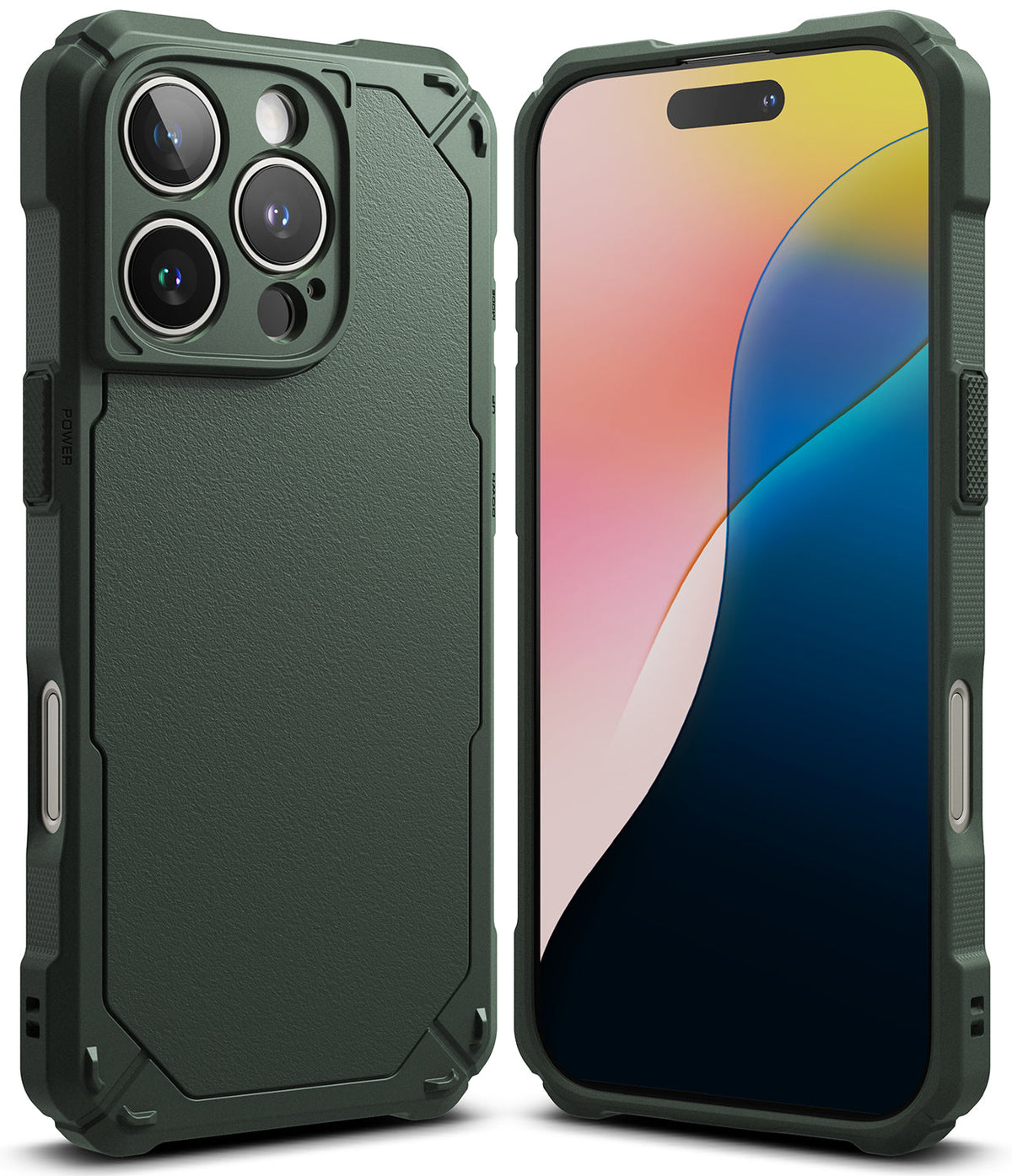 iPhone 16 Pro Max Case | Rugged Gear - Dark green rugged protective case shown from back and front on an iPhone.