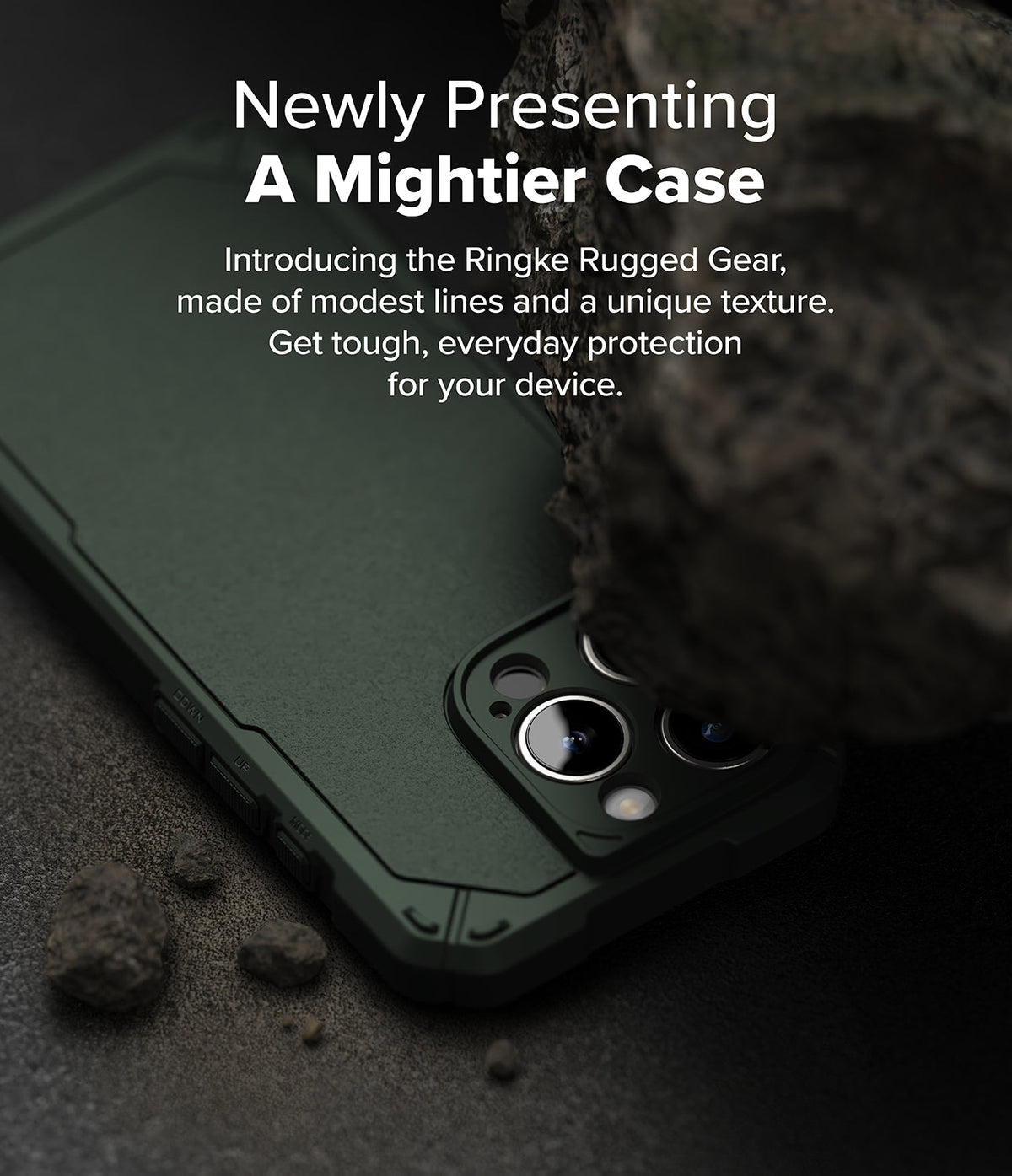 iPhone 16 Pro Max Case | Rugged Gear - Dark green textured phone case next to a large rock on a dark, gritty surface.