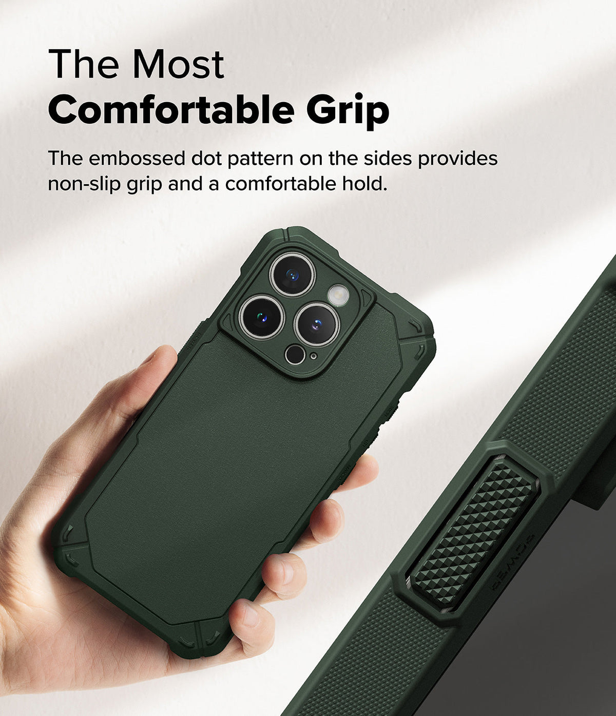 iPhone 16 Pro Case | Rugged Gear - Hand holding a dark green rugged phone case with a textured, non-slip side grip pattern.