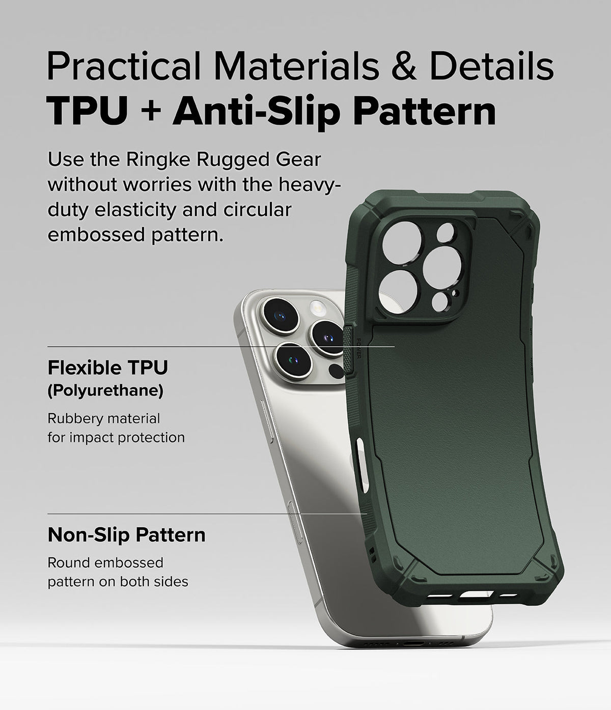 iPhone 16 Pro Max Case | Rugged Gear - A dark green rugged phone case hovering over a silver iPhone 16 Pro Max.