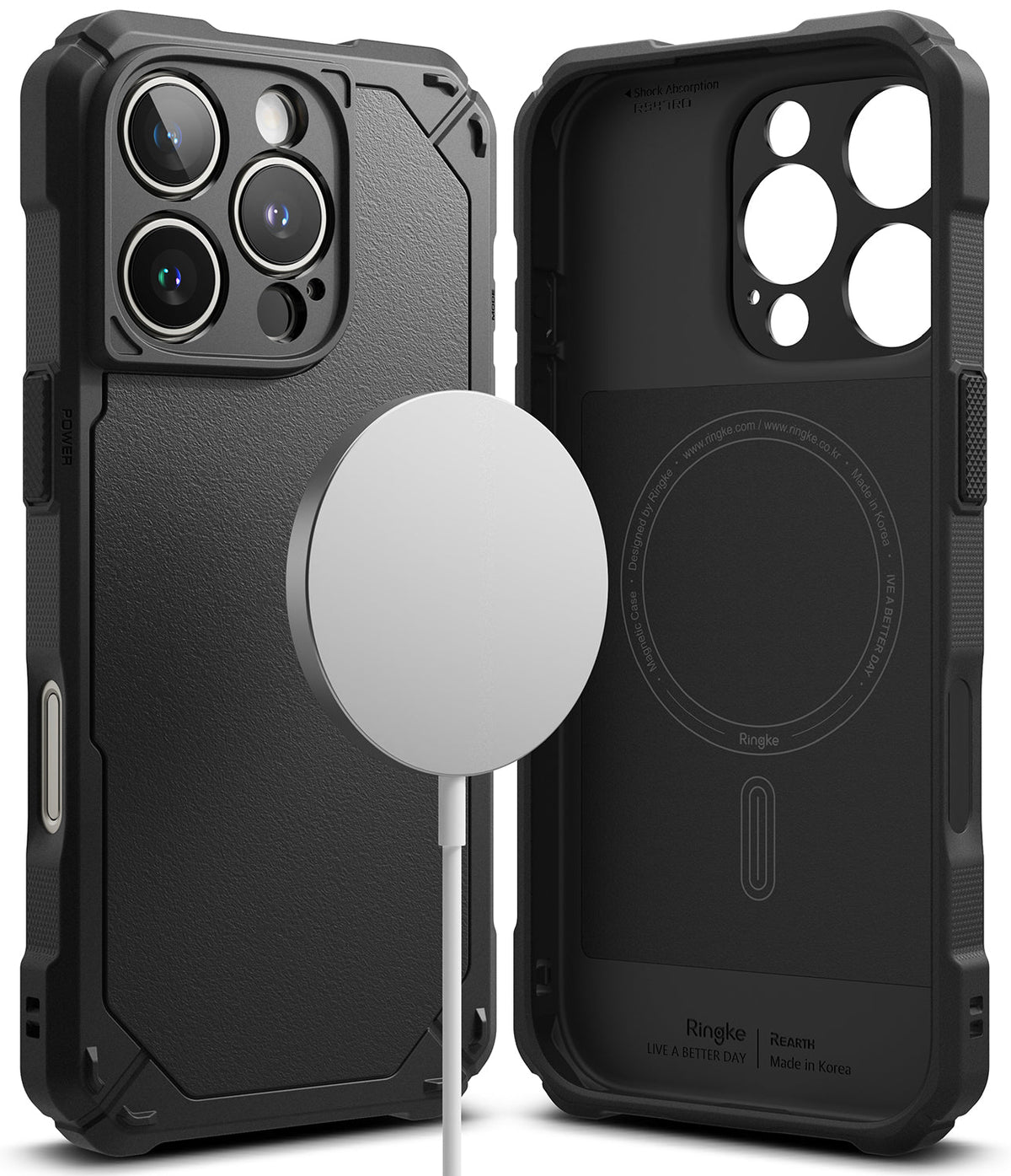 iPhone 16 Pro Max Case | Rugged Gear Magnetic - Black rugged phone case with magnetic charger and interior view.