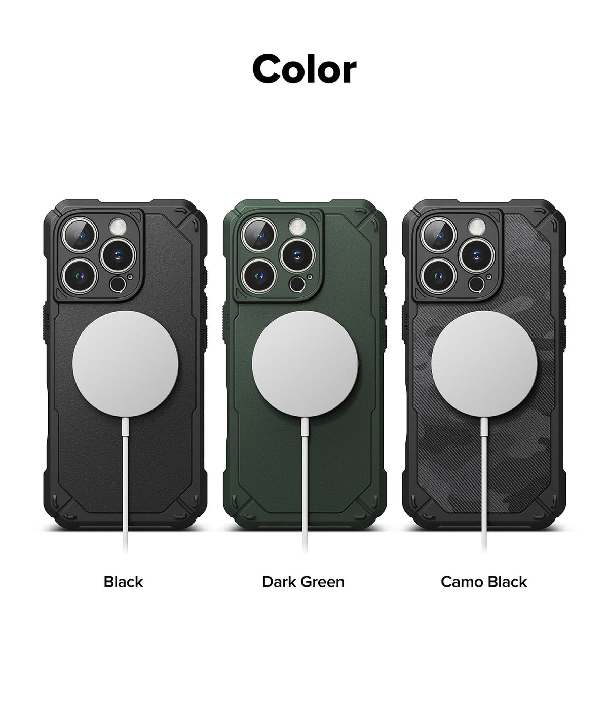 iPhone 16 Pro Max Case | Rugged Gear Magnetic - Three rugged phone cases in black, dark green, and camo black with MagSafe.