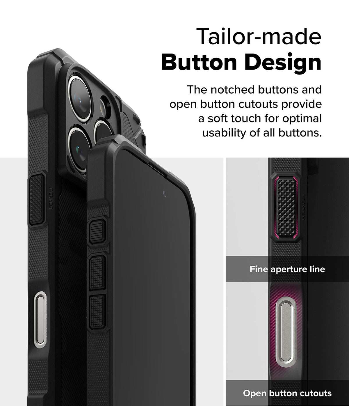iPhone 16 Pro Max Case | Rugged Gear Magnetic - Close-up of rugged phone case buttons with notched and open cutouts.