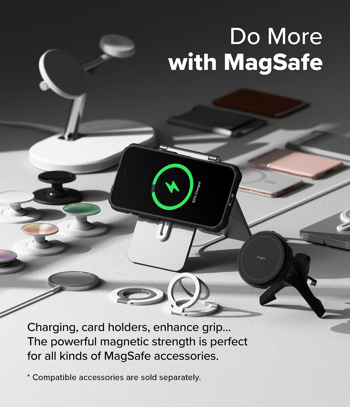 iPhone 16 Pro Max Case | Rugged Gear Magnetic - iPhone 16 Pro Max on a magnetic stand surrounded by MagSafe accessories.