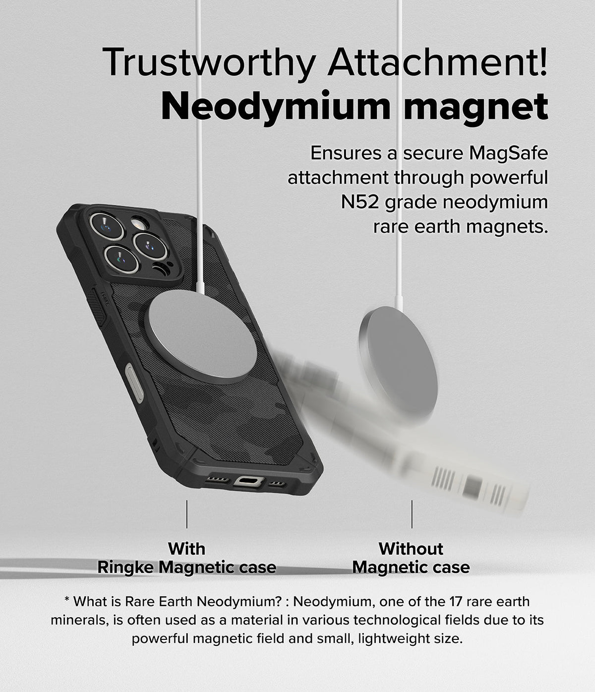 iPhone 16 Pro Max Case | Rugged Gear Magnetic - A magnetic charger attached to a rugged phone case versus falling off.