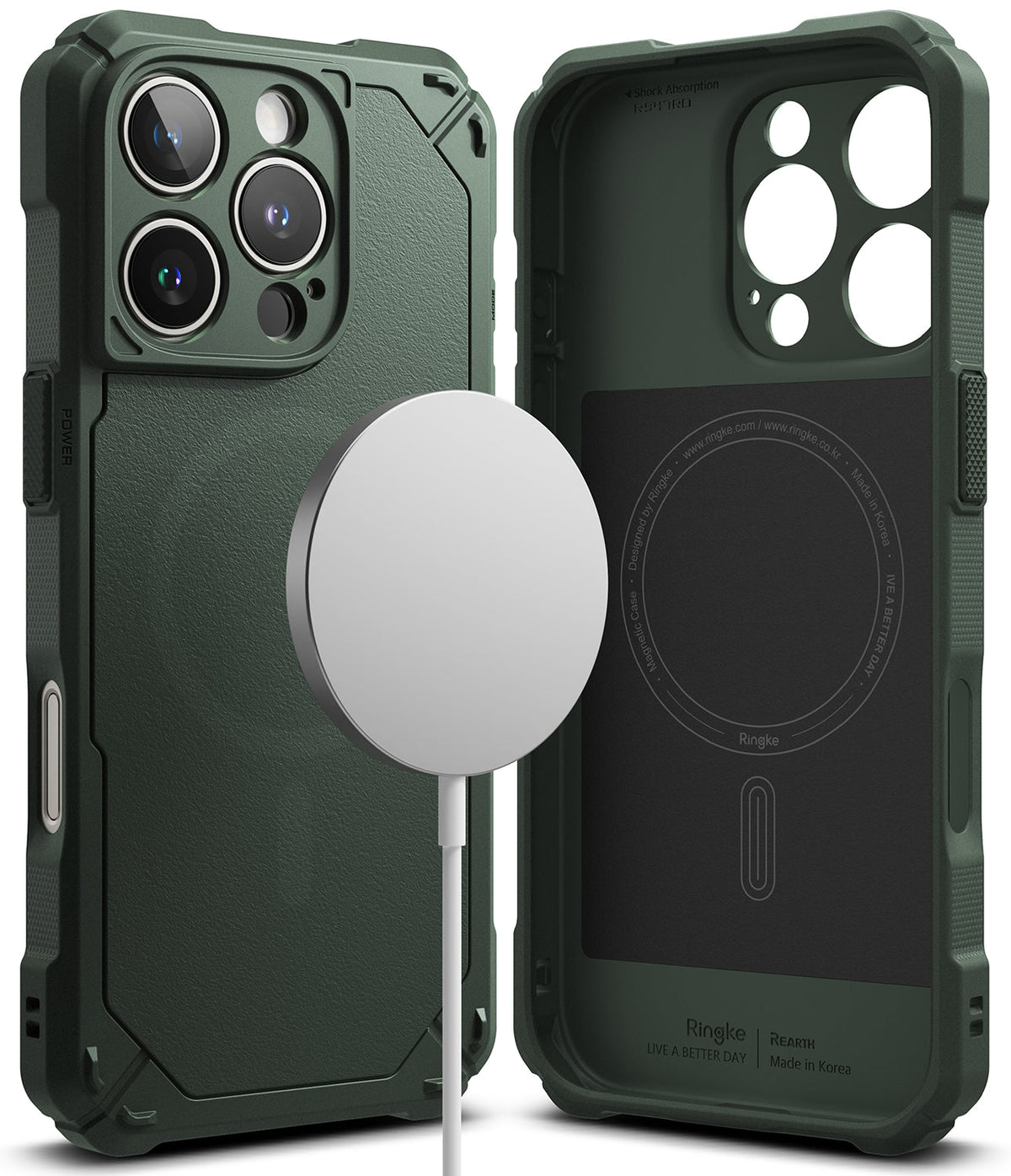 iPhone 16 Pro Max Case | Rugged Gear Magnetic - Dark green rugged phone case with MagSafe charger and interior view.