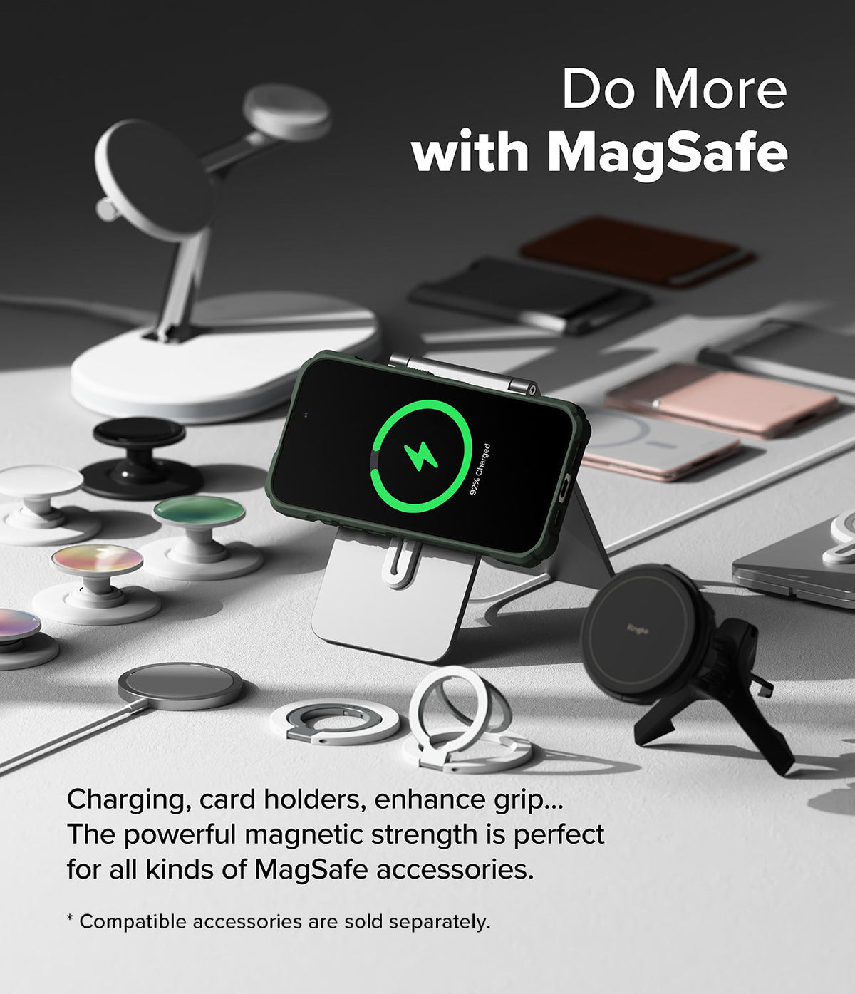iPhone 16 Pro Max Case | Rugged Gear Magnetic - iPhone 16 Pro Max on a MagSafe stand surrounded by various magnetic accessories.