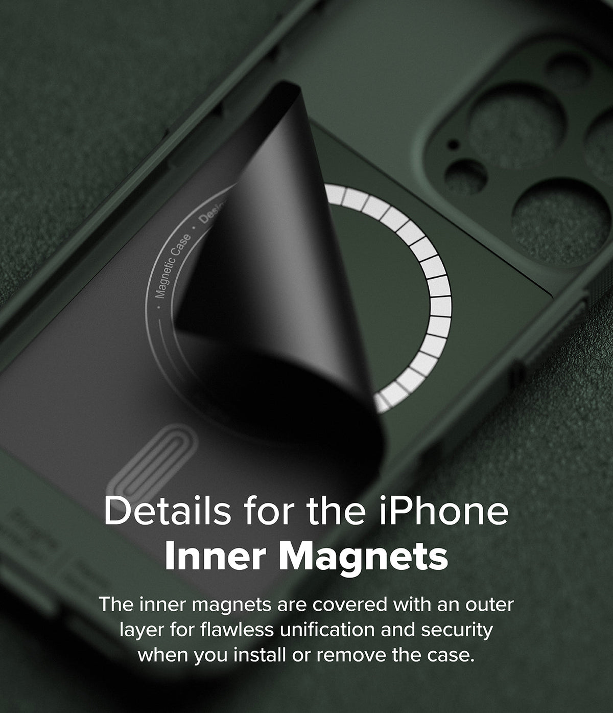 iPhone 16 Pro Max Case | Rugged Gear Magnetic - A protective layer peeling back to reveal the internal magnetic ring.