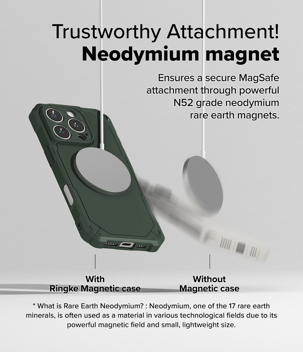 iPhone 16 Pro Max Case | Rugged Gear Magnetic - A green phone case magnetically attached to a charger versus a falling phone.