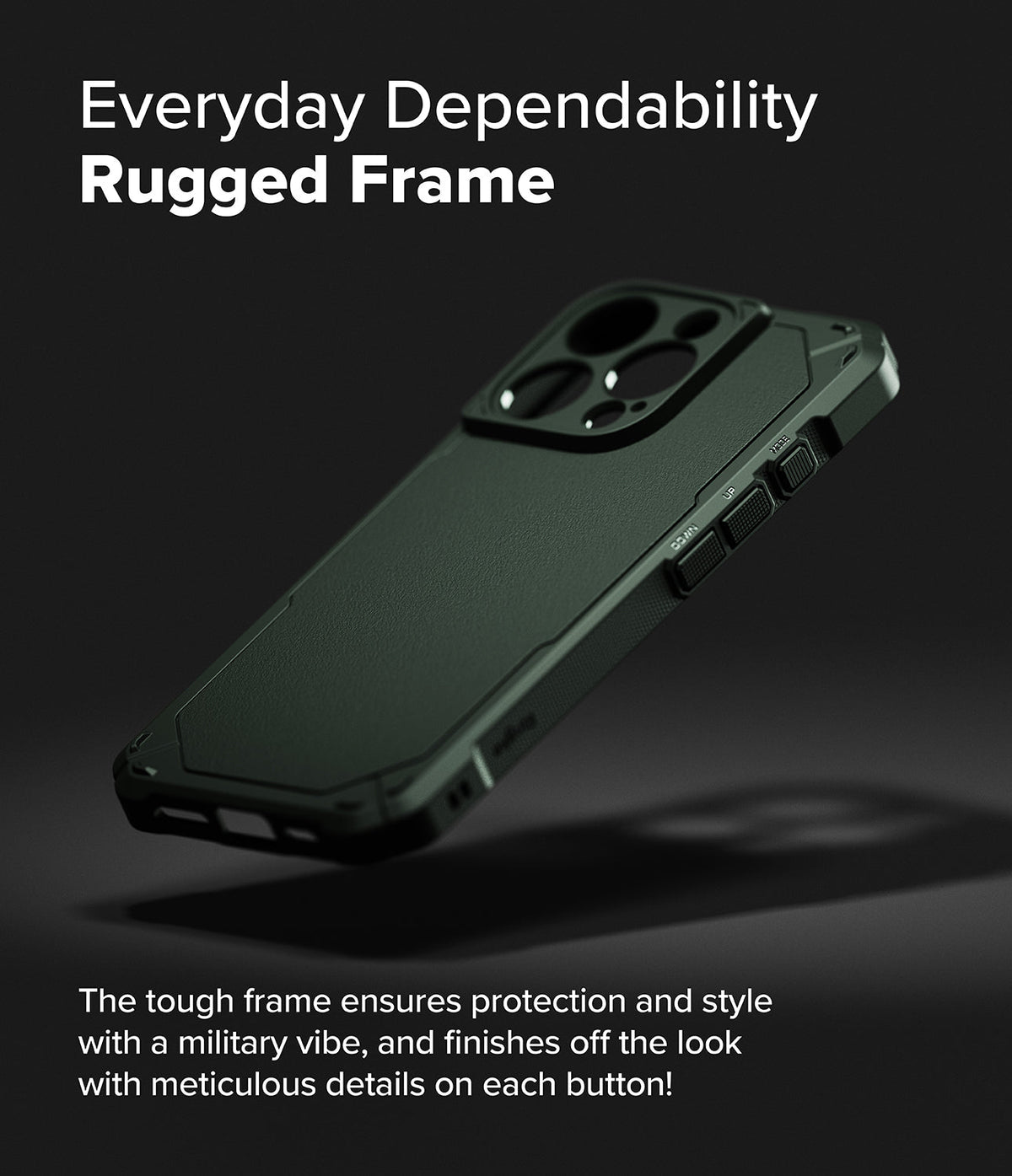iPhone 16 Pro Max Case | Rugged Gear Magnetic - Dark green rugged phone case floating against a dark background.