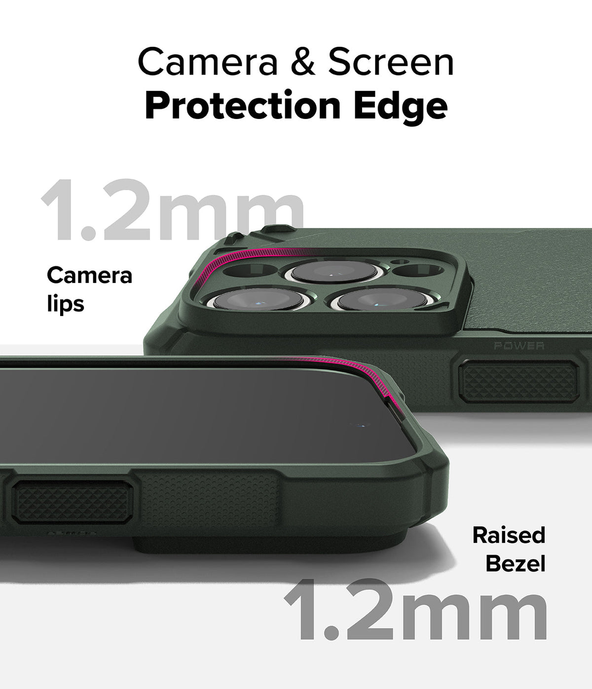 iPhone 16 Pro Max Case | Rugged Gear Magnetic - Dark green phone case showing 1.2mm raised camera lips and screen bezels.
