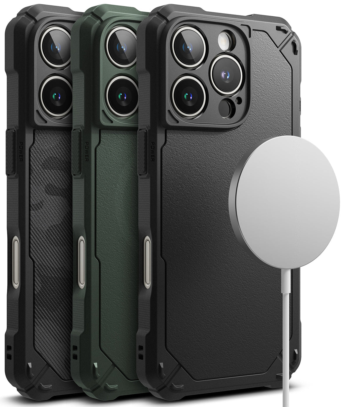 iPhone 16 Pro Max Case | Rugged Gear Magnetic - Three rugged iPhone cases in black and green with a magnetic charger.