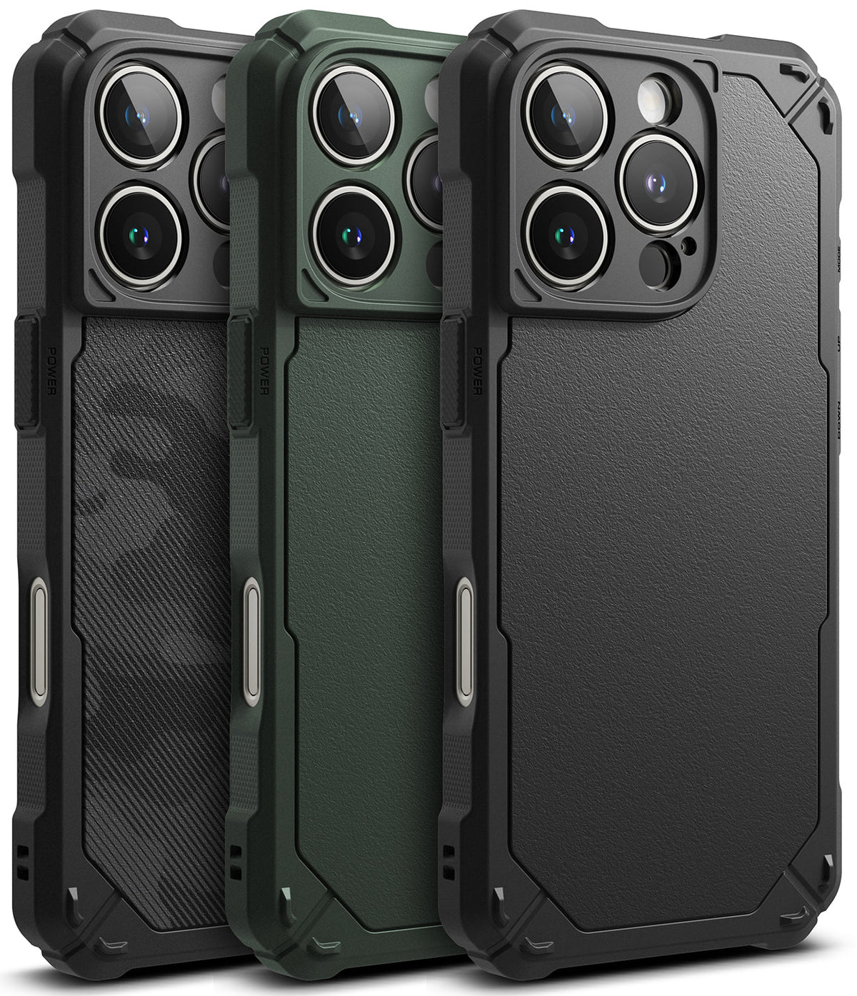 iPhone 16 Pro Max Case | Rugged Gear - Three rugged iPhone 16 Pro Max cases in black, green, and textured black.